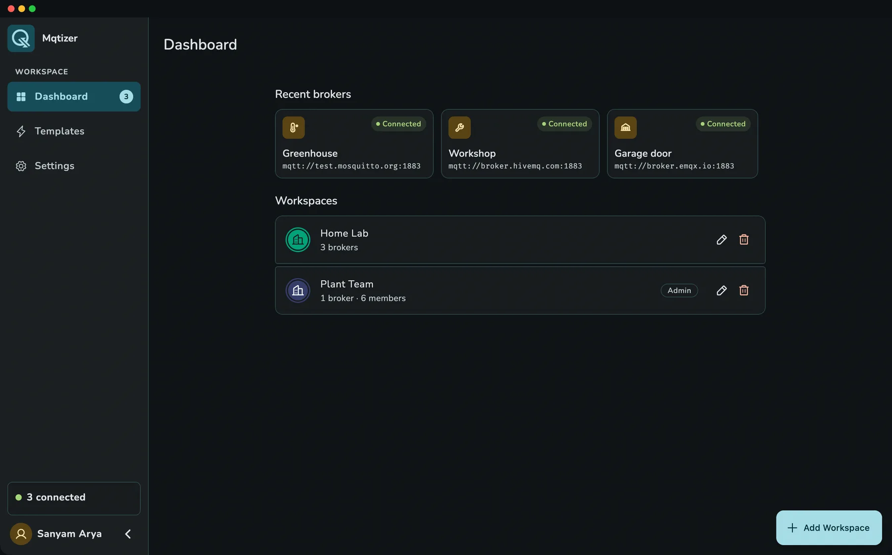 Mqtizer on Mac showing brokers and workspaces on the dashboard