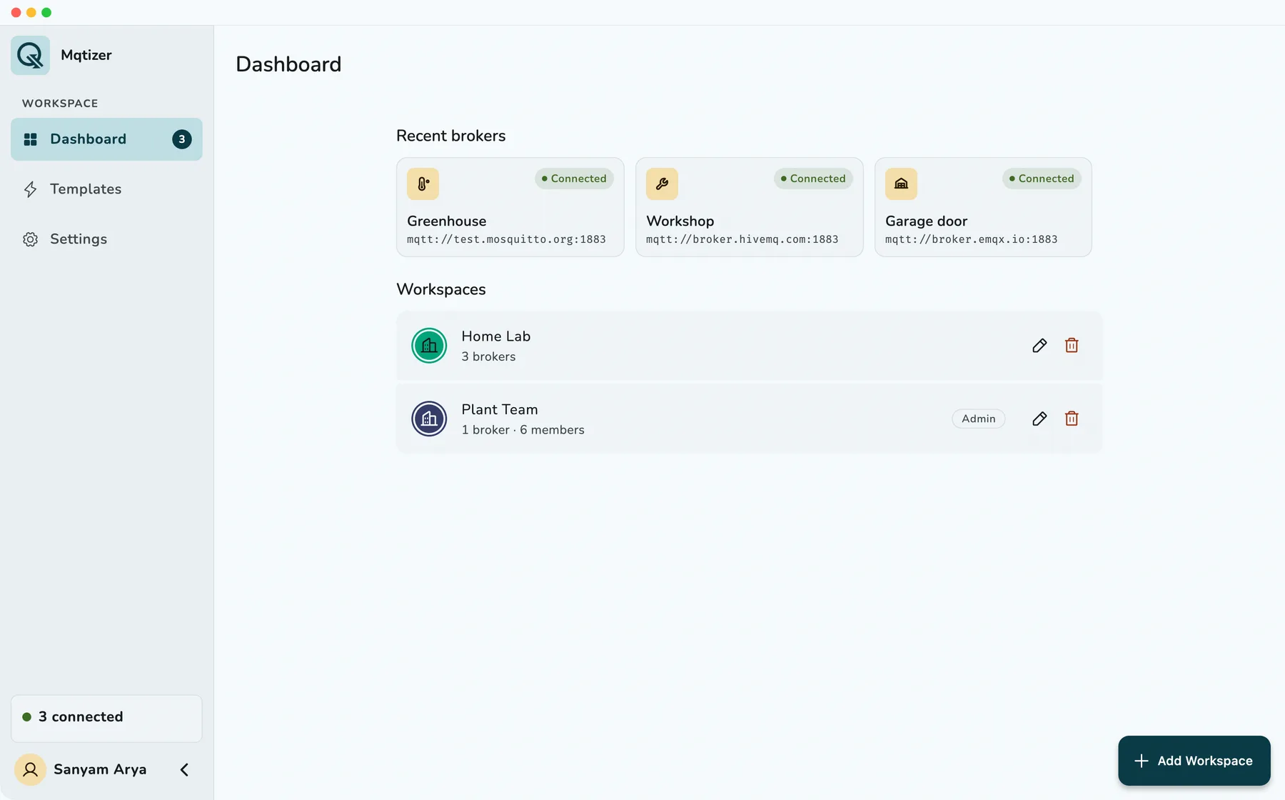 Mqtizer on Mac showing brokers and workspaces on the dashboard